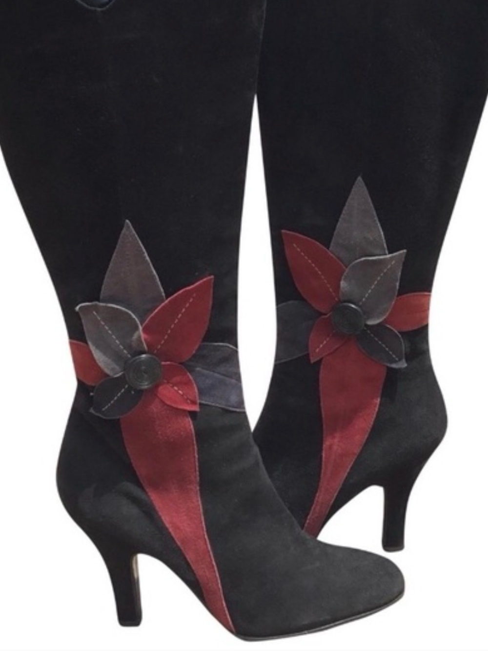 Mila Paoli Black Suede Knee Boots with Red and Gray Floral Accent